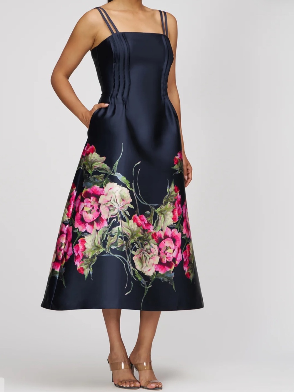 KAY UNGER Margot Navy Floral Square Neck A-Line Sleeveless Dress Size 14
